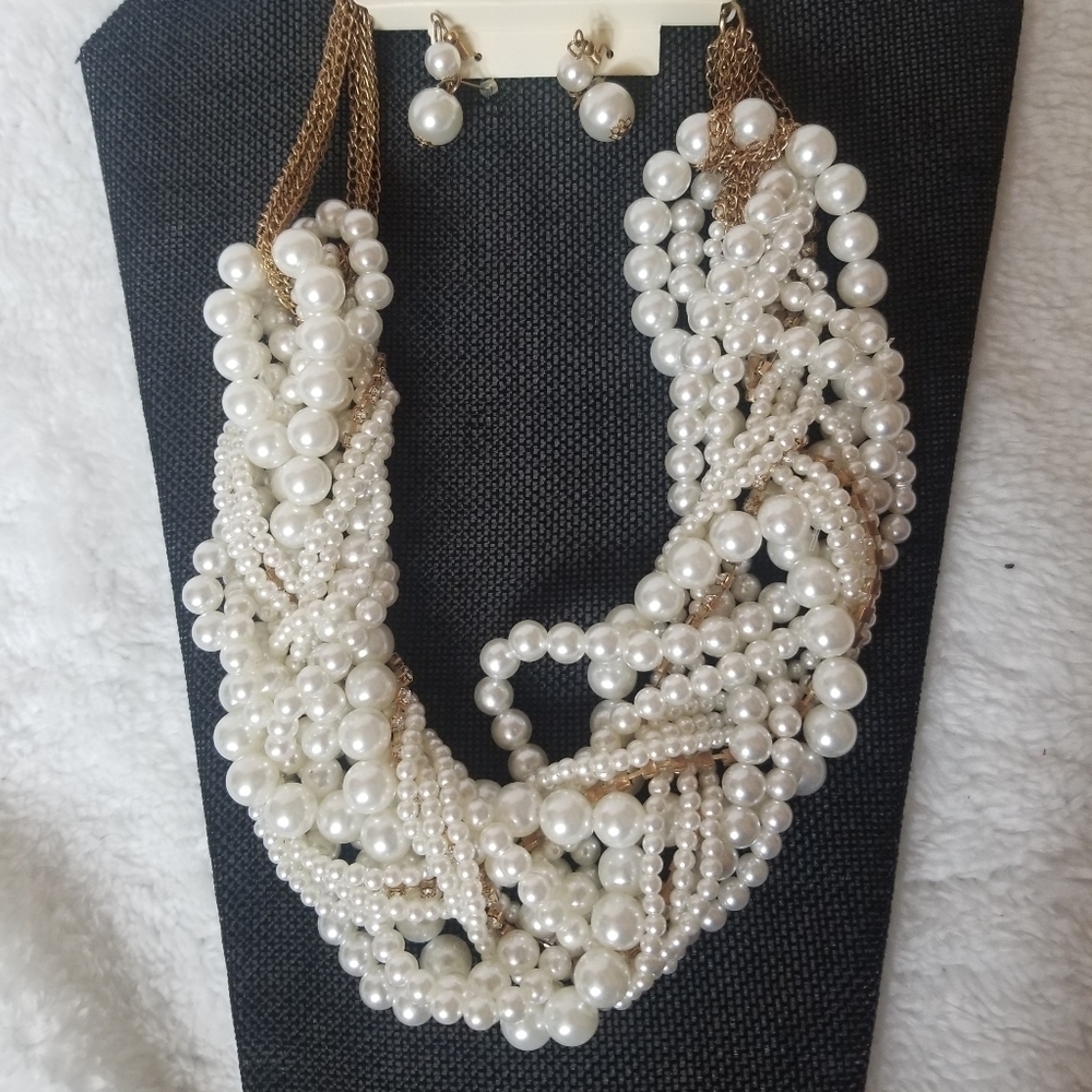 Faux pearl,rhinestone multi strand necklace